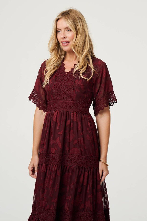 Red | Floral Lace Frill 1/2 Sleeve Midi Dress
