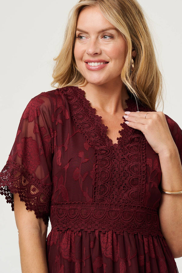 Red | Floral Lace Frill 1/2 Sleeve Midi Dress
