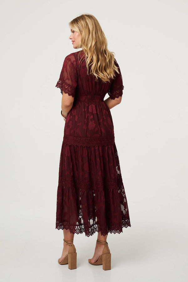 Red | Floral Lace Frill 1/2 Sleeve Midi Dress

