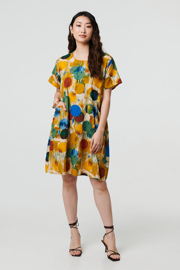 Yellow | Geo Print Short Sleeve Knee Length Dress
