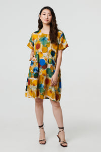 Yellow | Geo Print Short Sleeve Knee Length Dress
