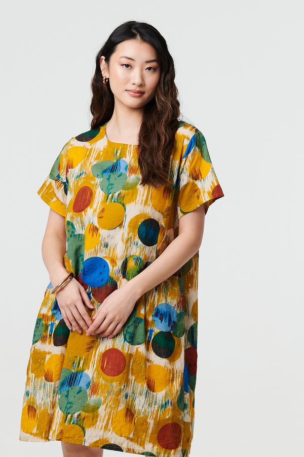 Yellow | Geo Print Short Sleeve Knee Length Dress
