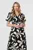 Black | Leaf Print Puff Sleeve Wrap Midi Dress
