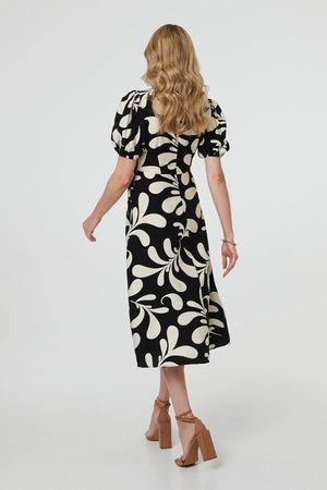 Black | Leaf Print Puff Sleeve Wrap Midi Dress
