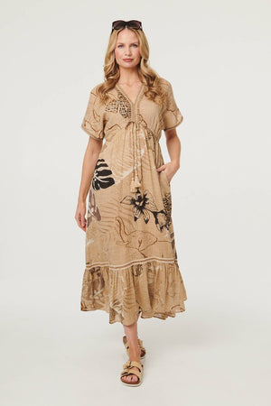 Beige | Printed Short Sleeve Empire Maxi Dress