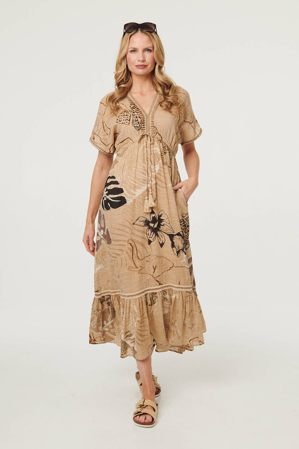 Beige | Printed Short Sleeve Empire Maxi Dress
