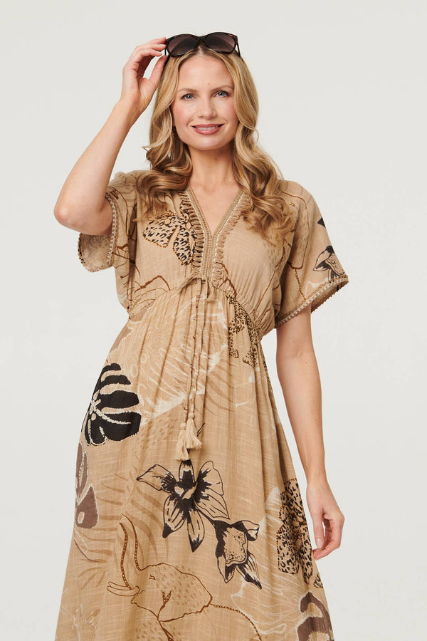 Beige | Printed Short Sleeve Empire Maxi Dress