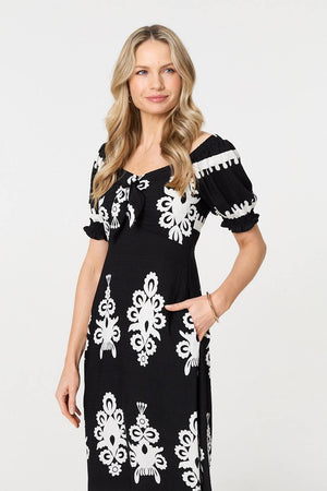 Black | Printed Puff Sleeve Tie Front Midi Dress
