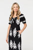 Black | Printed Puff Sleeve Tie Front Midi Dress

