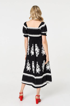 Black | Printed Puff Sleeve Tie Front Midi Dress
