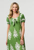 Green | Printed Puff Sleeve Tie Front Midi Dress : Model is 5'10