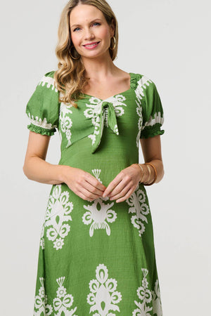 Green | Printed Puff Sleeve Tie Front Midi Dress
