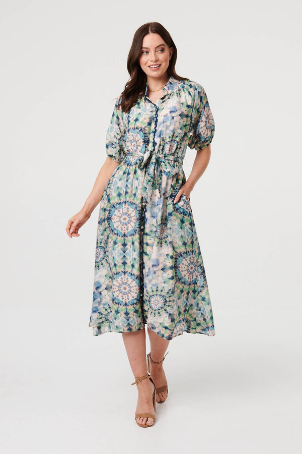 Green | Abstract Tie Waist 1/2 Sleeve Midi Dress