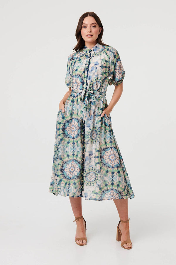 Green | Abstract Tie Waist 1/2 Sleeve Midi Dress