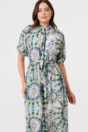 Green | Abstract Tie Waist 1/2 Sleeve Midi Dress