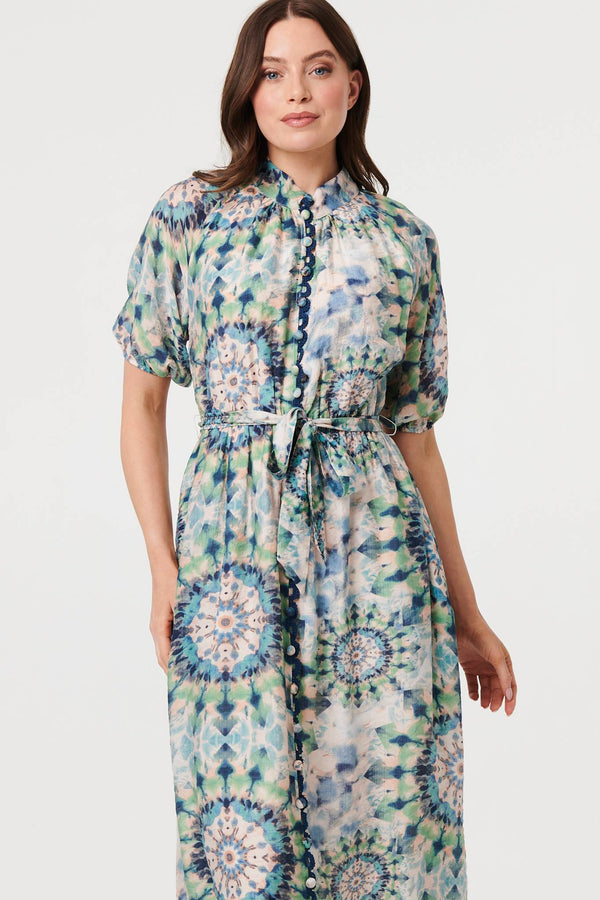 Green | Abstract Tie Waist 1/2 Sleeve Midi Dress