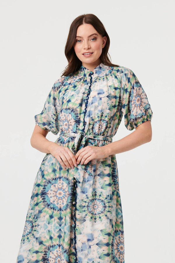Green | Abstract Tie Waist 1/2 Sleeve Midi Dress