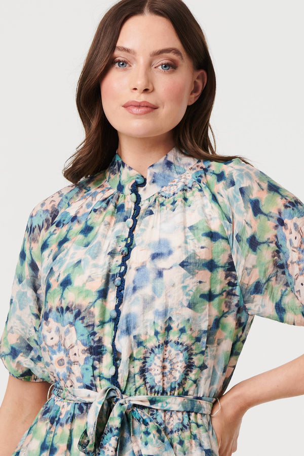 Green | Abstract Tie Waist 1/2 Sleeve Midi Dress