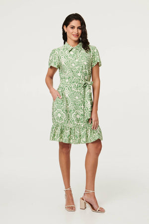 Green | Printed Short Sleeve Tie Short Dress