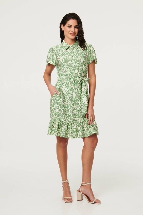Green | Printed Short Sleeve Tie Short Dress