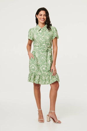 Green | Printed Short Sleeve Tie Short Dress