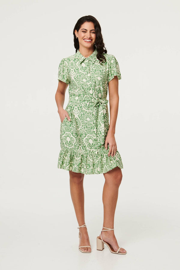 Green | Printed Short Sleeve Tie Short Dress
