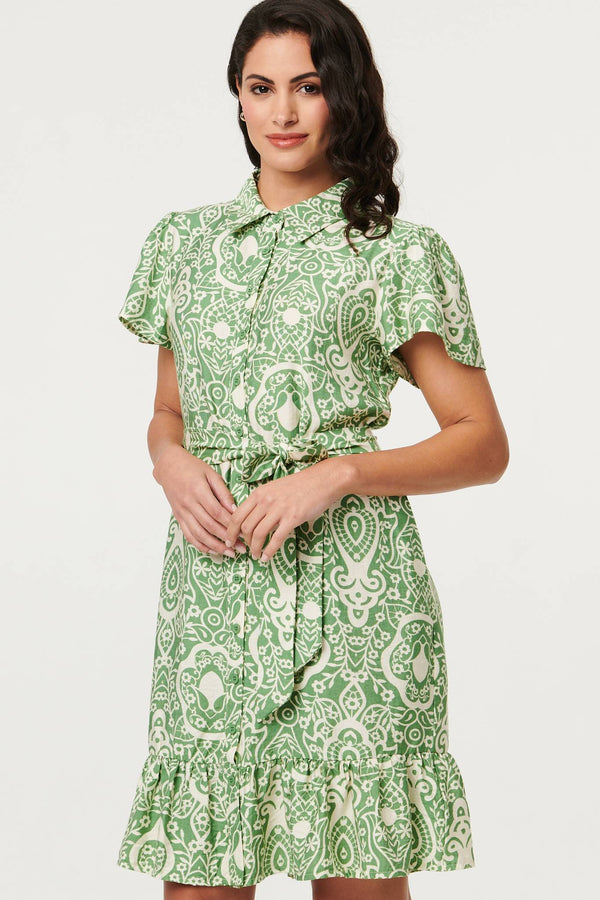 Green | Printed Short Sleeve Tie Short Dress