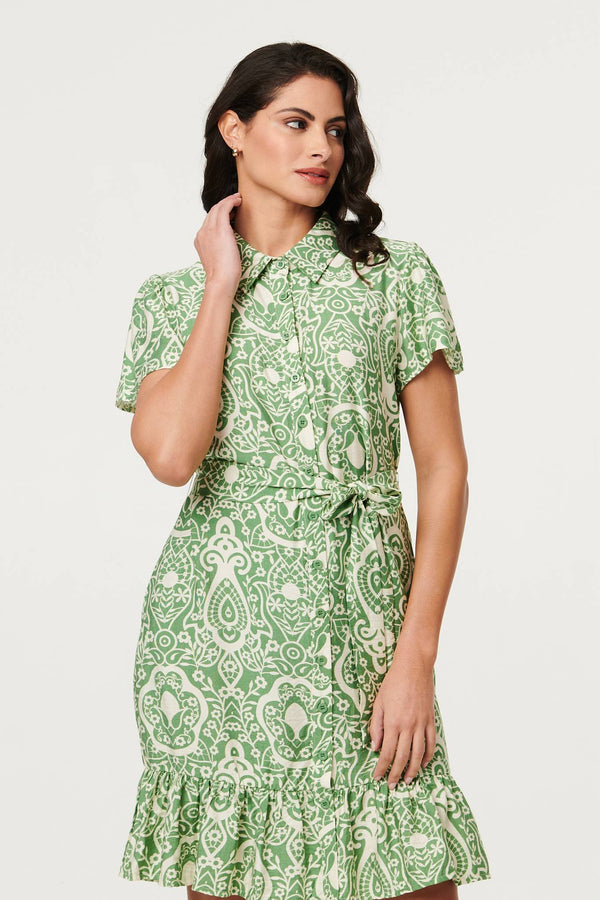 Green | Printed Short Sleeve Tie Short Dress