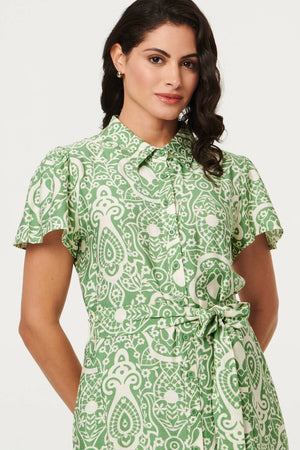 Green | Printed Short Sleeve Tie Short Dress