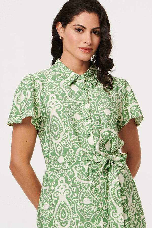 Green | Printed Short Sleeve Tie Short Dress