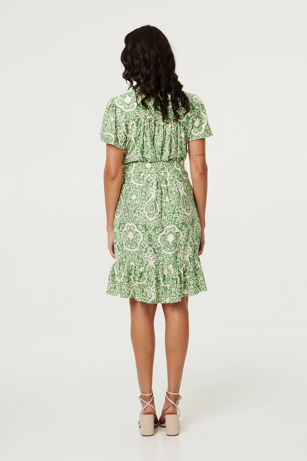 Green | Printed Short Sleeve Tie Short Dress