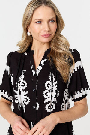 Black | Printed Lace Trim Relaxed Short Shirt Dress