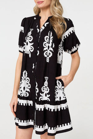 Black | Printed Lace Trim Relaxed Short Shirt Dress