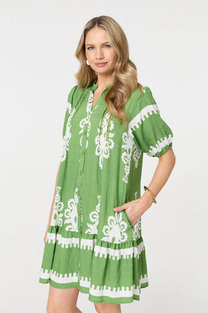 Green | Printed Lace Trim Relaxed Short Shirt Dress : Model is 5'10