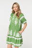 Green | Printed Lace Trim Relaxed Short Shirt Dress : Model is 5'10