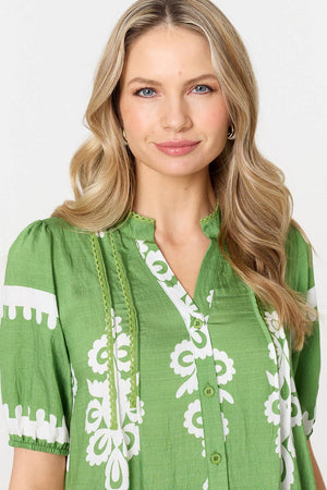 Green | Printed Lace Trim Relaxed Short Shirt Dress
