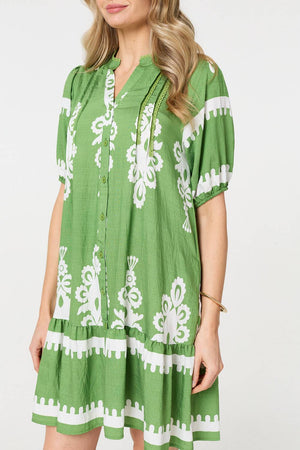 Green | Printed Lace Trim Relaxed Short Shirt Dress
