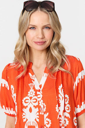 Orange | Printed Lace Trim Relaxed Short Shirt Dress