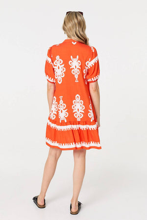Orange | Printed Lace Trim Relaxed Short Shirt Dress
