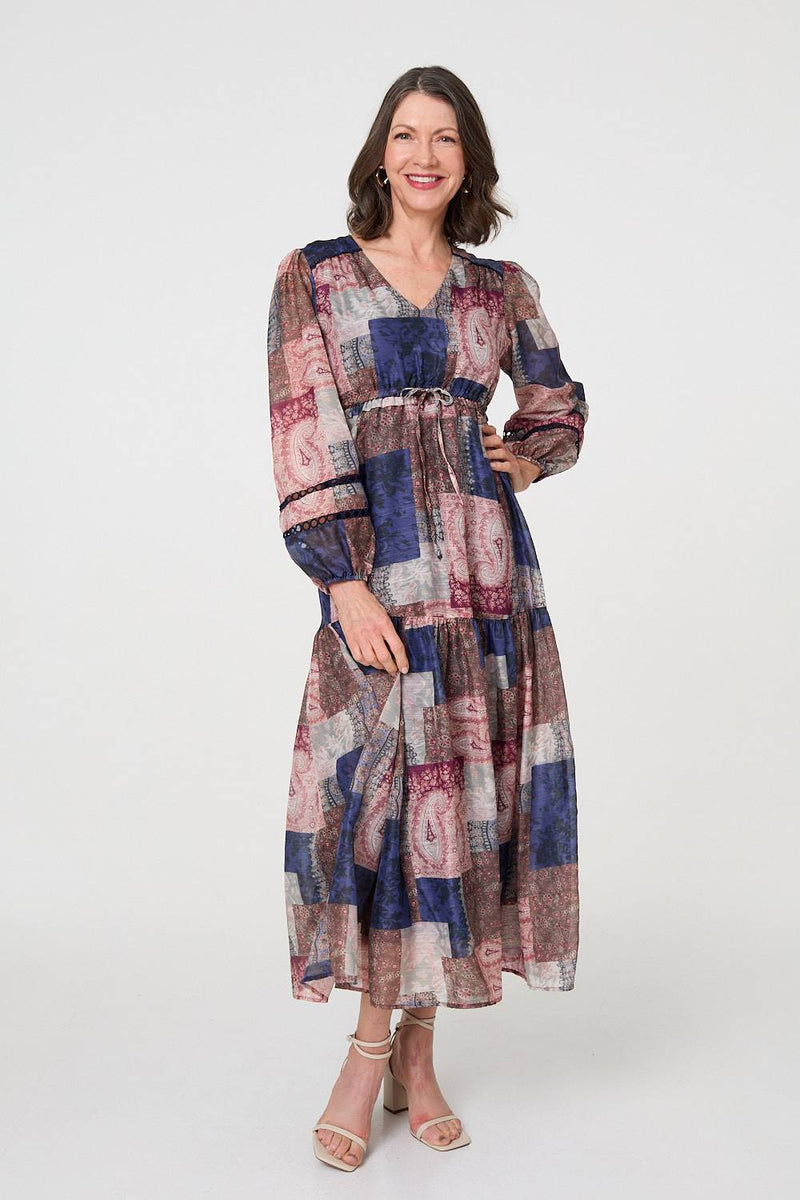 Patchwork Print Empire V-Neck Maxi Dress | Izabel London Patchwork Print Empire V-Neck Maxi Dress | Izabel London