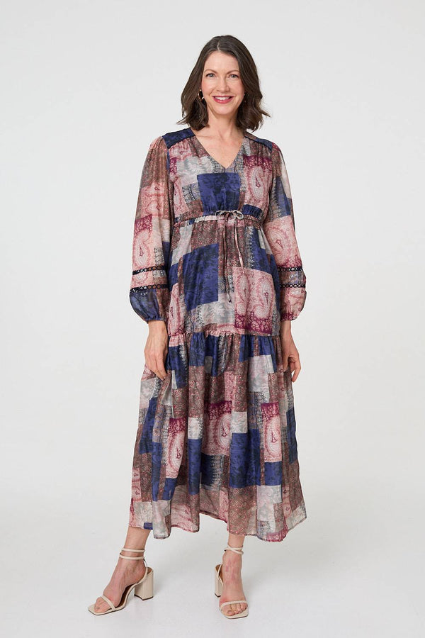 Navy | Patchwork Print Empire V-Neck Maxi Dress

