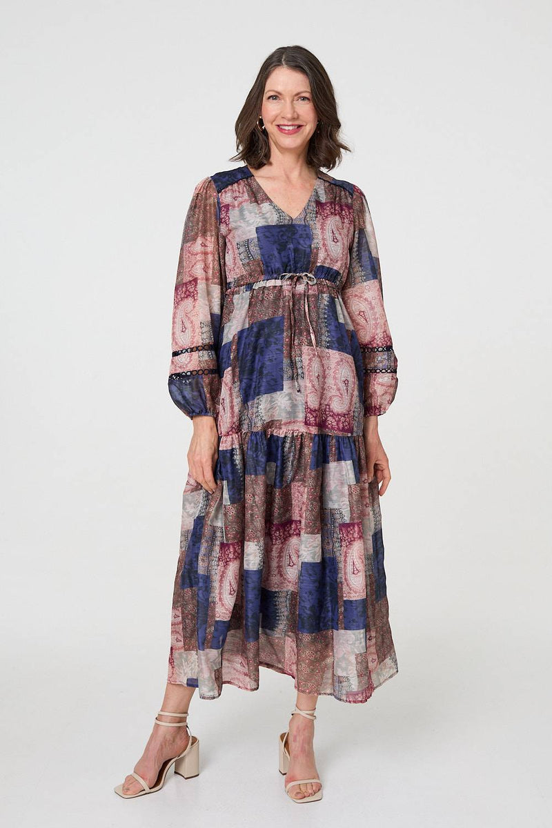 Patchwork Print Empire V-Neck Maxi Dress | Izabel London Patchwork Print Empire V-Neck Maxi Dress | Izabel London