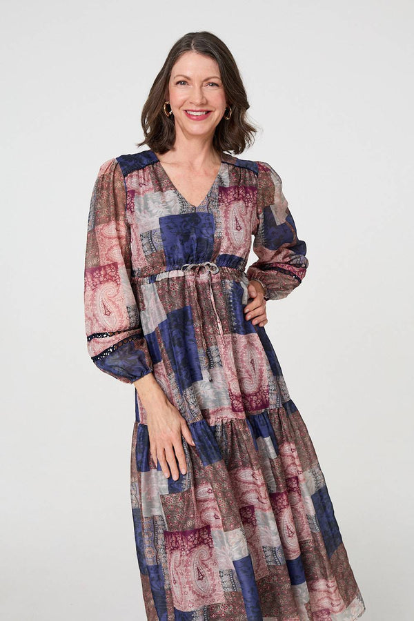 Navy | Patchwork Print Empire V-Neck Maxi Dress
