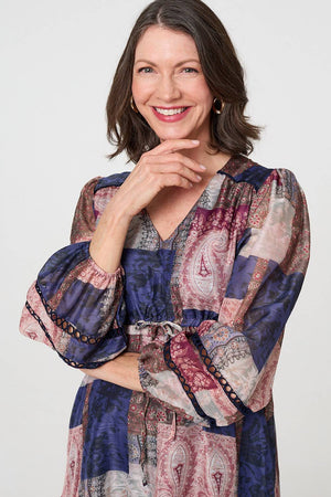 Navy | Patchwork Print Empire V-Neck Maxi Dress
