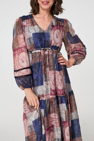 Navy | Patchwork Print Empire V-Neck Maxi Dress
