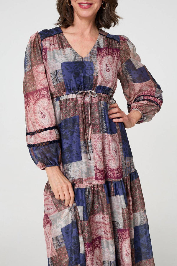 Navy | Patchwork Print Empire V-Neck Maxi Dress
