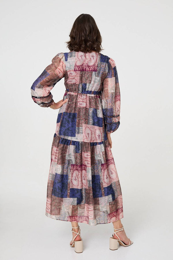 Navy | Patchwork Print Empire V-Neck Maxi Dress

