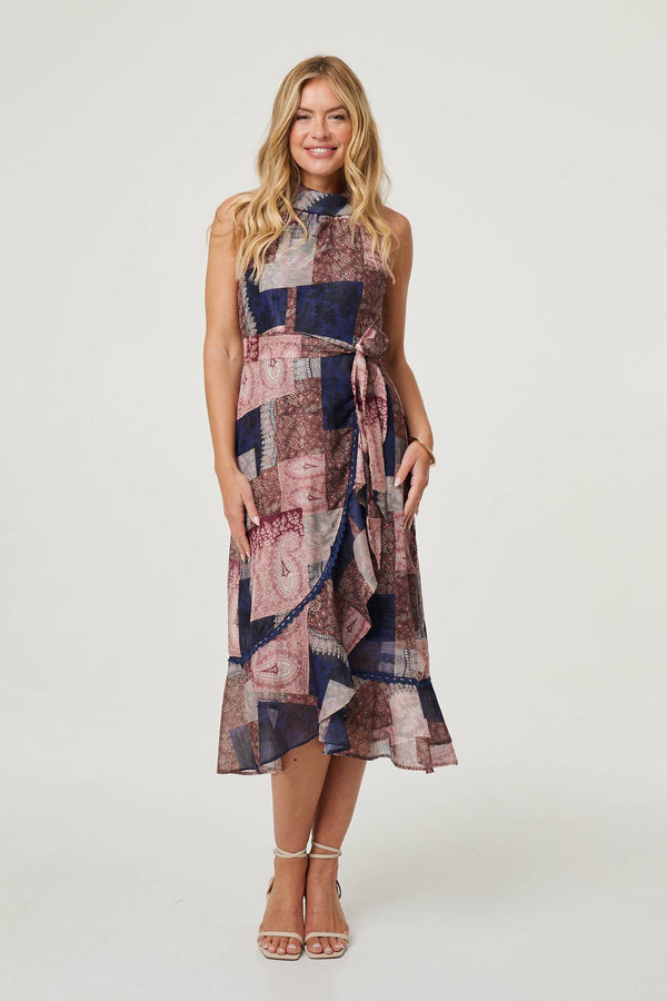 Navy | Patchwork Sleeveless Midi Wrap Dress