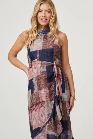 Navy | Patchwork Sleeveless Midi Wrap Dress