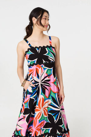 Black | Floral Wave Trim Sleeveless Maxi Dress
